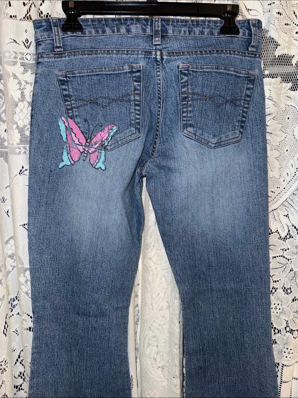 lei Boot Cut Jeans with Pink & Teal Butterfly Y2K 32